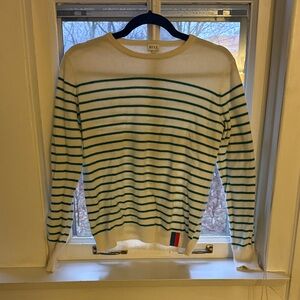 KULE Cream and Green Striped Crewneck Sweater. 100% cashmere.